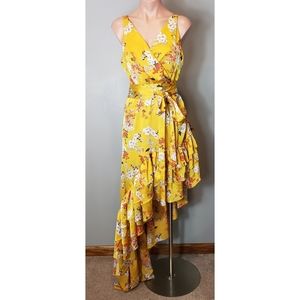 Bronx and Banco Yellow Floral Asymmetrical Ruffle Wrap Dress with Tie Waist